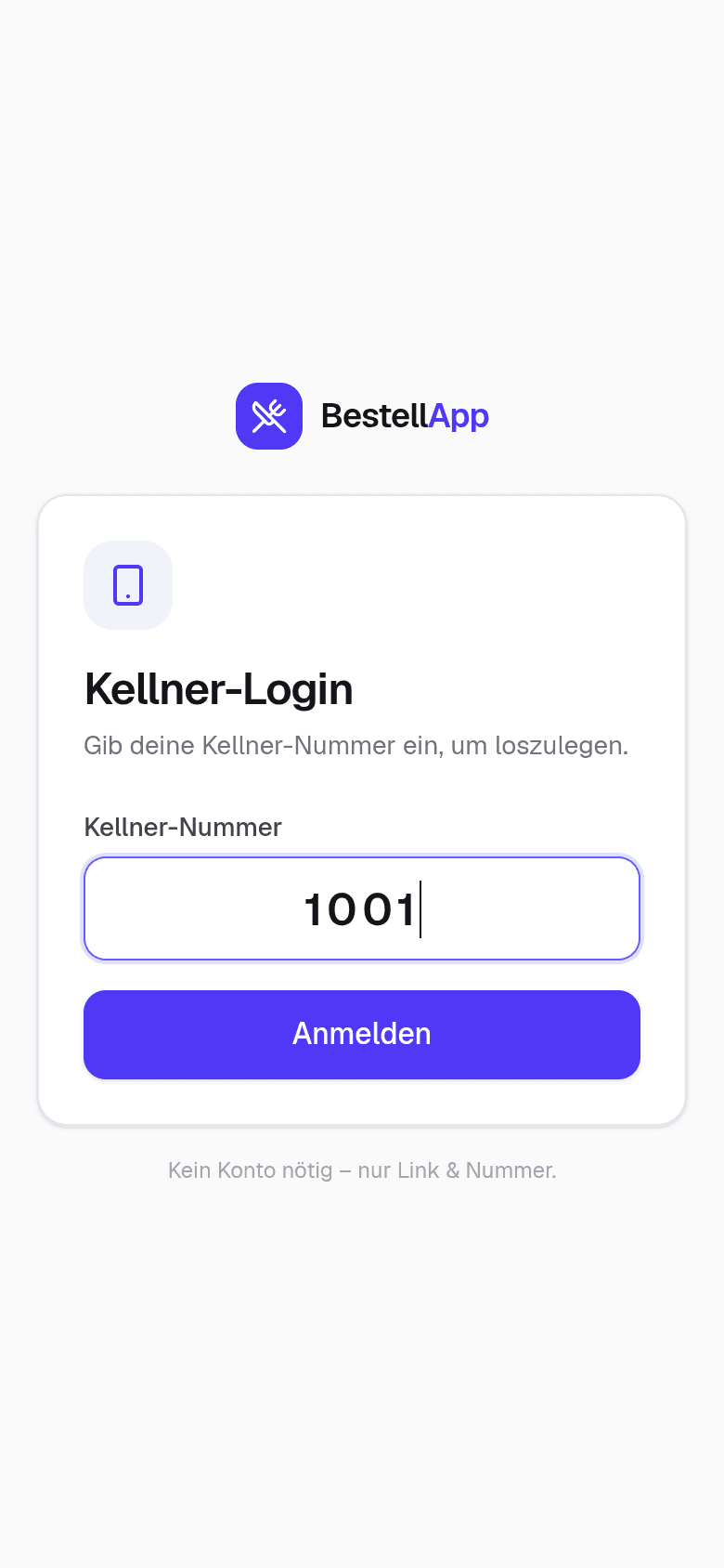 Kellner-Login: Eingabefeld für die Kellner-Nummer