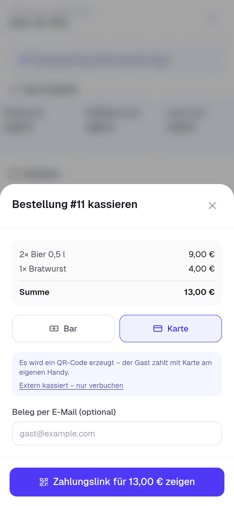 Kassieren-Dialog mit Auswahl Bar oder Karte und QR-Zahlungslink