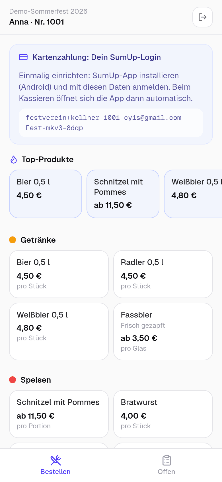 Aufgeklappte Box »Kartenzahlung: Dein SumUp-Login« mit E-Mail und Passwort